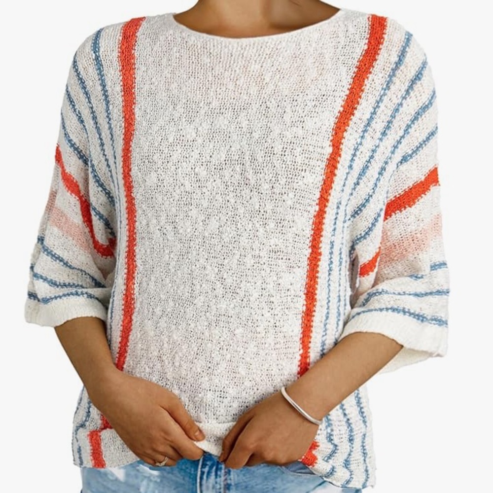 Dokotoo Women’s XXL White Spring Sweater with Blue, Red, and Pink Stripes